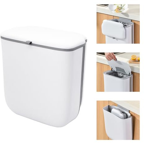 Yuhtech 10L Foldable Hanging Trash Bin with Lid, Rubbish Bin Kitchen Compost Bin Hanging Trash Can for RV, Counter top, Camping, Bathroom, Bedroom