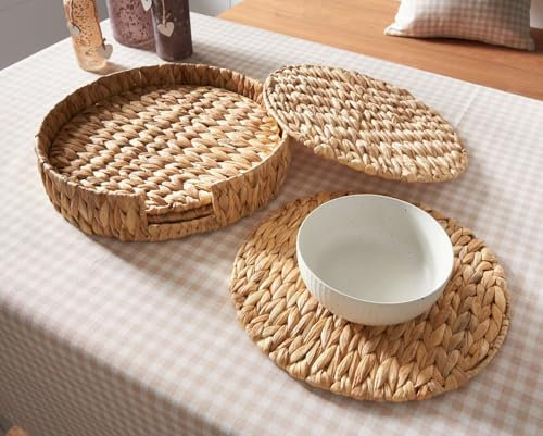 Dekoleidenschaft 5 tlg. Platzteller Set Nature aus Wasserhyazinthe, Ø 32 cm, 4 Untersetzer + Aufbewahrung, Tischset, Platzset