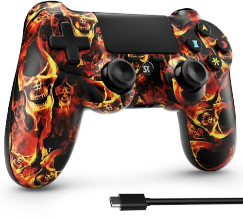 ISHAKO Controller für PS4/ProSlim, Totenkopf-Flammen Graffiti Muster | Integriertem Lautsprecher, 3,5mm Audiobuchse, 6-Achsen-Bewegungssensor, Doppelvibration