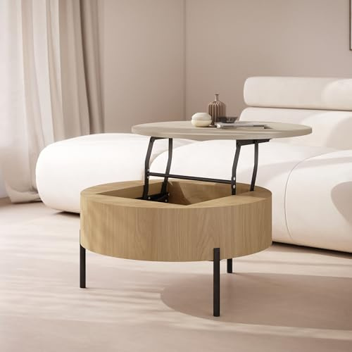 designimpex ZAF-1 Couchtisch rund Beige/Eiche Hell aufklappbar höhenverstellbar Stauraum modern runder Wohnzimmertisch Esstisch Beistelltisch Sofatisch Round platzsparend hochwertig Wohnzimmer