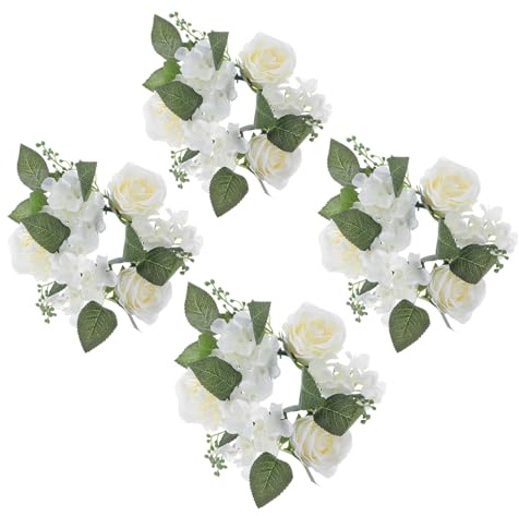 EXAOMBLE 4stücke Künstliche Rosen Kerzenringe mit Grünen Blättern Dekorative Blumenkränze für Säulenkerzen Romantische Tischdekoration für Hochzeit Party und Wohnräume