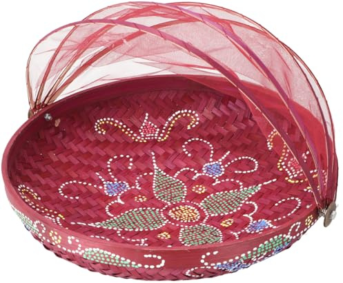 GURU SHOP Fliegenschutz Obstkorb, 3 Größen, rot/bemalt, 35 cm Ø | Schützt Obst und Lebensmittel vor Insekten, aus Rattan und Stoffgaze, pflegeleicht, vielseitig einsetzbar.