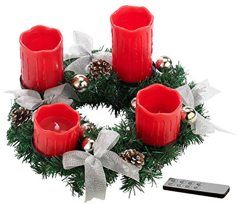 Britesta LED Adventsgesteck: Adventskranz mit roten LED-Kerzen, silbern geschmückt (Weihnachtsgesteck mit Kerzen, Adventsgesteck mit Beleuchtung, Weihnachten)