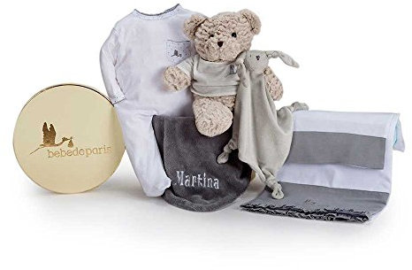 BebeDeParis. Korb Geburt. Praktisches Geburtsgeschenk mit personalisiertem Teddybär, Babybettwäsche, Schnuffeltuch und anderen praktischen Produkten für das Baby (Größe 3/6 Monate). Grau