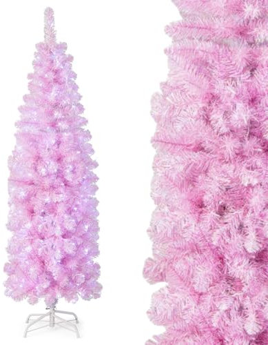 GYMAX 5FT/6FT Pre-Lit Hinged Christmas Tree, Slim Pencil Artificial Xmas Tree with LED Lights, Verdant Branches Tips, Holiday Party Decorations Tree for Home, Mall & Store (6ft, White+Pink)