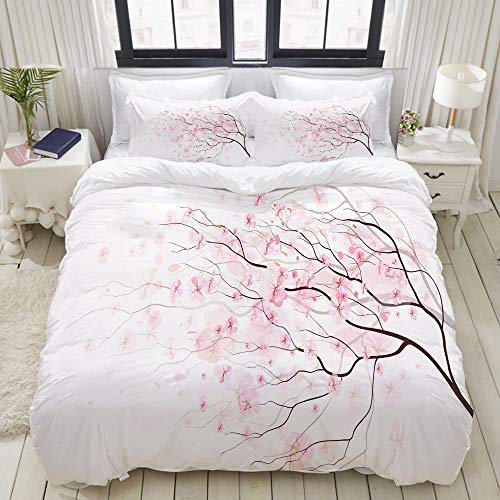 ALLMILL Parure de lit Adulte,Housse de Couette,Branche Artistique de Sakura avec Fleurs de Cerisier, Printemps Japonais Tendre,1 Housse de Couette 200 x 200cm + 2 Taies d'Oreillers 50 * 75 CM