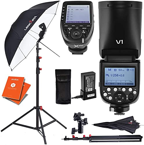 GODOX V1-C Round Head Camera Flash Speedlite Kit/w XPro Trigger, Light Stand, Reflective Umbrella & Stand Mount Compatible with Canon Cameras + 12 Month Extended Warranty Card (3 Yrs)