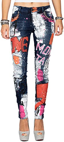 Cipo & Baxx Damen Jeans Auffälliges Design mit Cargo Details | Einzigartige Styles, trendy Farbkleckse, modischer Denim-Look, bequem, ideal für Freizeit und Alltag