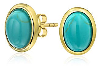 Traditionelle klassische Edelstein stabilisierte blaue Türkis Bernstein Fassung Kuppelknopf ovale Ohrstecker für Frauen 14K vergoldet .925 Sterlingsilber