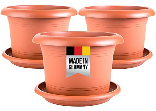 Lot de 3 pots de fleurs et soucoupes - Diamètre : 30 cm - Fabriqués en Allemagne - Couleur : terre cuite