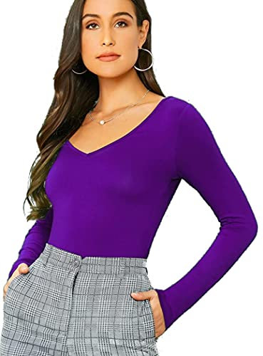 Women's Ladies Long Sleeve V Neck Basic Top Jersey Plain Stretchy Slim Fit Casual Wear T-Shirt Tee Tops 16-18 Purple