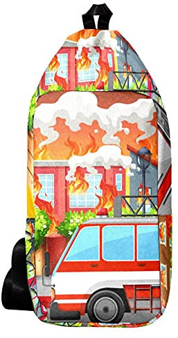EZIOLY A Village On Fire Truck-Schulter-Rucksack, Schultertasche, Umhängetasche, Reisen, Wandern, Tagesrucksack für Männer und Frauen