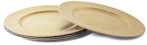 Rammento Set of 4 33cm Textured Gold Plastic Charger Plates | High-Gloss Dinnerware | Elegant Tableware for Special Occasions and Gatherings | Reusable Charger Plates for Dining & Festive Parties