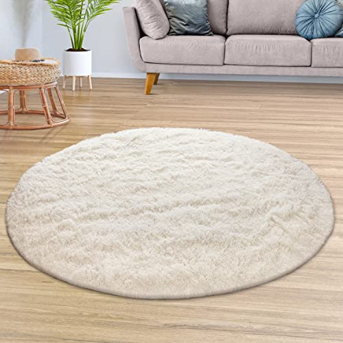 TT Home Teppich Wohnzimmer Hochflor Langflor Weich Soft Modernes Einfarbiges Design, Farbe: Hellbeige Creme, Größe:200 cm Rund