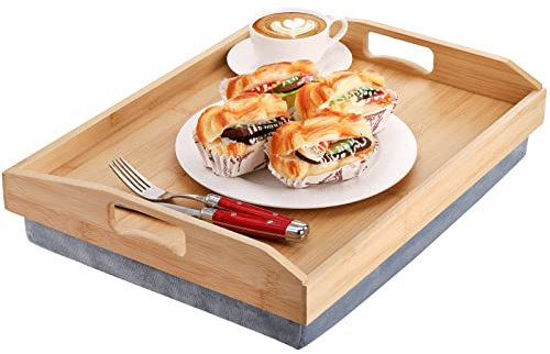Cedilis Bamboo Lap Tray with Detachable Pillow, 16.9 x13 in Serving Tray with Handles for Bed Eating