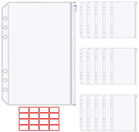 WACH AUF A5 Binder Taschen 16 Stücke A5 Größe 6 Löcher Bindertaschen, Durchscheinende Kunststoff Klarsichthüllen, Reißverschluss Ordner Wasserdichter Ordnertaschen für Haus Büro Schule Lieferungen