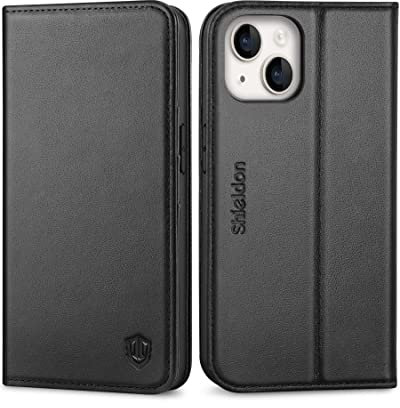 SHIELDON Hülle für iPhone 14 5G Stoßfest Handyhülle [Erstklassig Echtleder] [Kartenfach] [Magnet] [Standfunktion] [RFID-Sperre], Klappbar Schutzhülle Lederhülle Kompatibel mit iPhone 14 6,1 - Schwarz