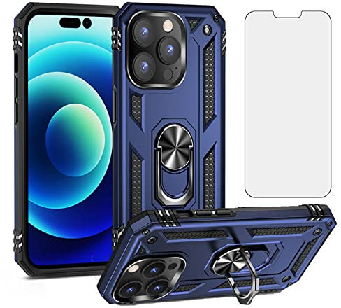 Compatible with iPhone 14 Pro Max 6.7 inch Case with Tempered Glass Screen Protector Ring Holder Stand Magnetic Phone Cover for iPhone14promax 5G i Phone14Max Plus iPhone14 ProMax Women Men Blue