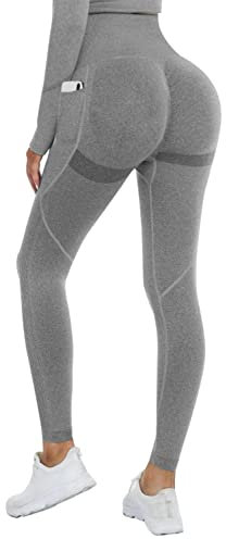 DUROFIT Scrunch Butt Leggings Damen High Waist Sport Leggings Mit Tasche Po Push Up Leggings with Pocket Booty Lift Leggins Gym Leggings Mit Handytasche Ruched Sporthose Grau S