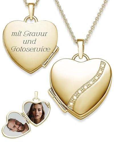 Herz Medaillon zum Öffnen für Bilder Gelbgold | Kette Damen Medallion mit Bild | Foto Amulett Anhänger Herzmedallion | Halskette Herzkette mit Gravur