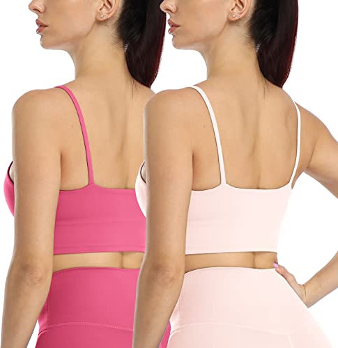 icyzone Damen Longline Sport-BH mit Gepolstert Fitness Yoga Top Strappy Bra, 2er Pack (M, Pink Lychee/Rose Pink)