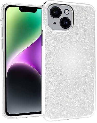 N NEWTOP 3in1 Cover Compatibile Apple iPhone 14, Custodia Case GLITTER Brillantini Paper Interno Bling TPU + PC Flessibile Morbida Case Posteriore Lucida Protezione Fotocamera (Silver)