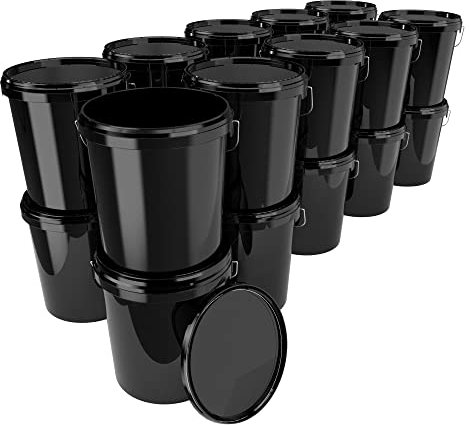 100x Eimer mit Deckel 16 Liter Schwarz - lebensmittelecht luftdicht und stabil, Leer Eimer mit Griff und Verschluss Deckel für Lebensmittel Chemie Wand Farbe Waschpulver Klebstoffe geeignet