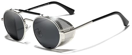 KINGSEVEN Echte Retro Runde Steampunk Sonnenbrille Männer Retro Frauen Sonnenbrille Sonnenbrille Sonnenbrille Vintage Reisebrille Gafas De Sol 7550 (Silber Grau)