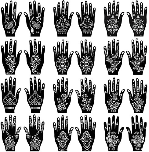 24-Blätter Henna Tattoo Schablonen Kit für Hand, indische arabische temporäre Tattoo Schablone Mehndi Schablone Aufkleber