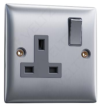 Single Socket Brushed Steel | VELTZ Pro | 13 Amp 1 Gang | Slim Curved Round Edge Design | Plug Wall Electrical Power Switched