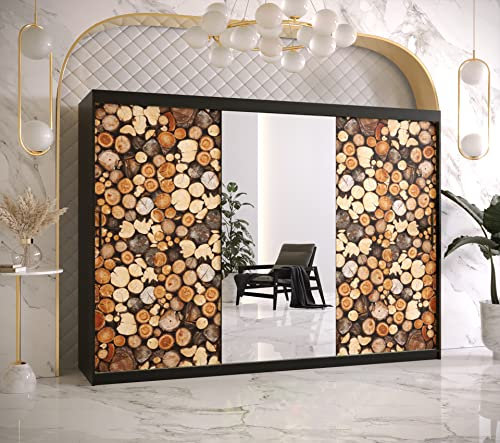 MINIO go for it - Schiebetürenschrank Wood I 250x200x62 cm I mit Holzmuster I Kleiderschrank aus Laminierter Platte I Aluminiumführungen I 2 Stangen I 9 Einlegeböden I Schwarz Matt/Holzmuster