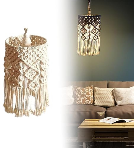 Pomurom Boho Makramee Lampenschirme, Handgewebter Dekorativer Lampenschirm mit Quasten, Hängende Pendelleuchte Abdeckung, Deckenleuchte Lampenschirm für Wohnzimmer Schlafzimmer Heimdekoration