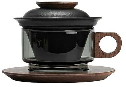 CAPIJIONG Ensemble de tasses à thé en verre de 190 ml pour bureau, maison, restaurant, café, salon de thé, tasse à thé ronde en bois (noir)