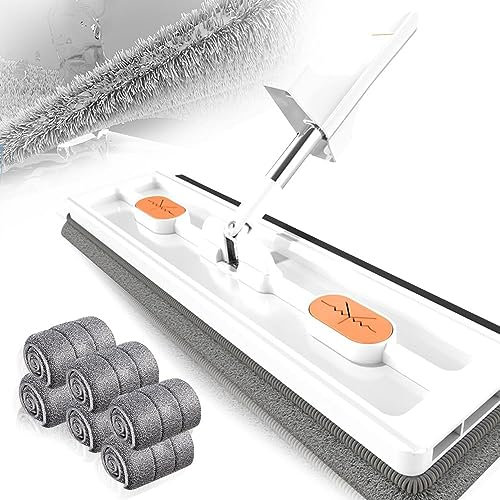 Grand Balai Plat de Nouveau Style, Grande serpillère Plate Grandes Surfaces avec Manche en Acier Inoxydable avec Tampons en Fibre Super, Balai Industriel avec tête rotative (Blanc+6chiffons)