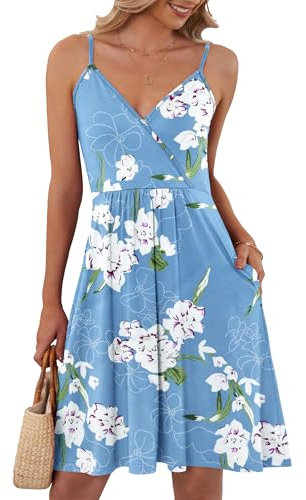 AUSELILY Womens Summer Dress V Neck Spaghetti Strap Dress Casual Beach Dresses for Women UK with Pockets Light Blue Flower S