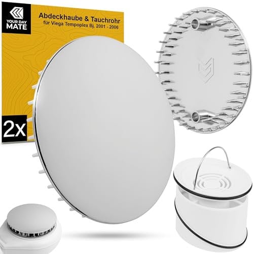 Abdeckhaube und Tauchrohr Set für Duschabfluss, Ø 112 mm, kompatibel mit Viega Tempoplex Ablaufgarnitur ab Baujahr 2001-2006, Duschwanne Ablaufloch Abdeckung, verchromter ABS ASA Deckel, Rohrstück