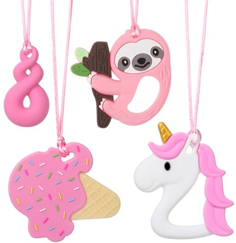 Camptrip 4 Stück Kaukette für Kinder, Beissring Baby, Baby Beissring, Silikon Sensory Kauen Kaustange Baby Kauspielzeug Kinder für Kinder Kauspielzeug für Kinder mit ADHS, Zahnen, Beißende,Einhorn