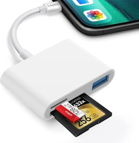 SD Card Reader for iPhone iPad, 3 in 1 Memory Card Reader Adapter with USB Port, Camera Card Reader with SD and TF Card Slots, Support SD/Micro SD/SDHC/SDXC/MMC