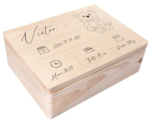 Creative Deco Erinnerungsbox Baby Personalisiert mit Namen | 40 x 30 x 14 | cm | Individuelle Erinnerungskiste Geschenk zur Geburt für Mädchen und Jungen | Holzkiste mit Deckel | Farbdruck