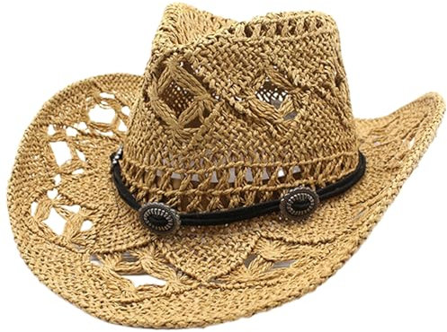 Sombrero de vaquero de paja Sol Protección solar Vacilla de paja Sombrero transpirable Beach Wide Brim Western Cowgirl Hat Travel Travel Sombreros Sombreros Cowboy para mujeres y hombres