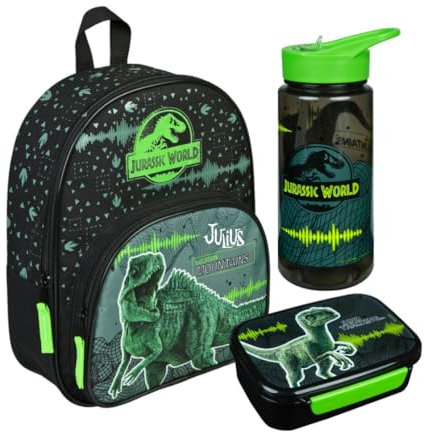Kindergartenrucksack Jurassic World Dinosaurier Junge mit Brotzeitdose Trinkflasche - Personalisiert mit Name - Set Kinderrucksack Dino TRex mit Brotdose Trinkbecher