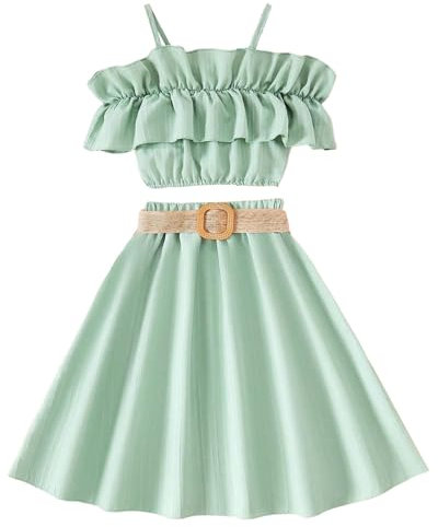 Ensemble Ete Enfant Fille Princesse 7-12 ans Tailleur Camisole à Volants Et Jupe Ado Fille Chic et Elegant Habillée Fluide Large Pas Cher Confortable Casual Vacances (Green, 11-12 ans)