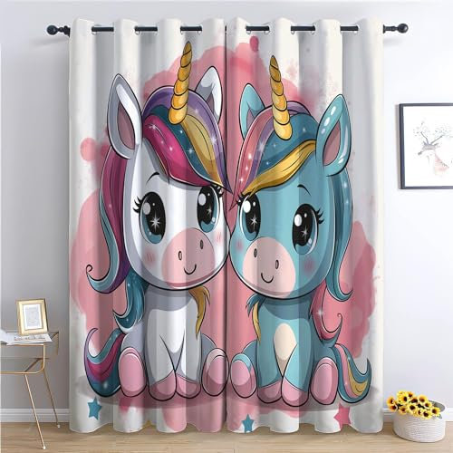 CozyRest Kinder Vorhänge Zwei süße Cartoon-Einhörner Ösen Gardinen mit Blickdichte Thermo Vorhang Kälteschutz Blackout Curtain Kinderzimmer Schlafzimmer Ösenvorhang Bunt H 260 x B140cm x2