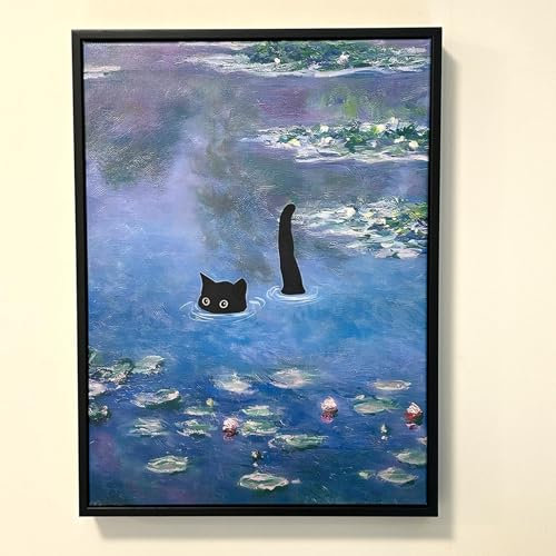 Gwindrise Framed Wall Art Painting: Black Cat in Water Lily Pond, 12x16-Inch, Monet Wall Art Vintage Prints, Cute Home Decor