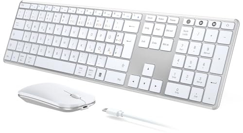 seenda SKM64-3 Bluetooth Tastatur mit Maus, Wiederaufladbare Dualmodus USB & Bluetooth Tastatur aus Metall, Ultradünne Leise Tastatur Maus Set kabellos für PC/Tablet/MacOS, QWERTZ Layout(Weiß)
