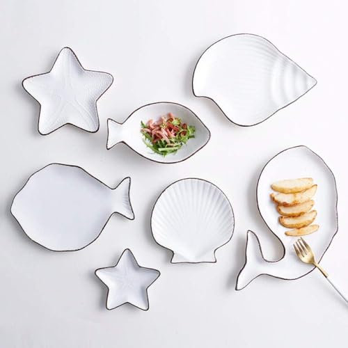 Assiette en Porcelaine Assiette en céramique de Style océan Vaisselle Plat de Poisson Baleine Coquille étoile de mer Trompette, Assiette de Poisson Blanc