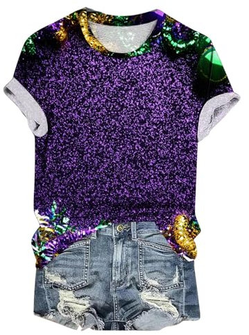 FGVFCS Damen-T-Shirt, kurzärmelig, Top, Karneval, Mas, bedruckte Blusen, lässig, Rundhalsausschnitt, Tunika, T-Shirts, schmale Passform, Bluse, Festival, Party, Urlaub, T-Shirt in Übergröße, 16,