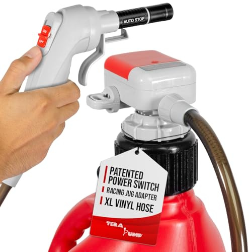 TERA PUMP - Next Gen Auto Stop Fuel Pump - 3X Protection w/Power Switch Nozzle, 4.25-ft XL Vinyl Hose, Flexible Intake Hose, Built-in Adapter (+ Utility Jug Adapter), for Gasoline, Diesel (2.3 GPM)