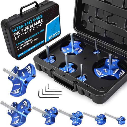 ERAYCO Kit d'alésoir de tuyau en PVC à triple lame, outil d'alésoir en plastique pour plomberie, 3 lames en PVC pour SCH40, ABS, tuyaux en CPVC, 6 pièces (1,9 cm, 2,5 cm, 3,8 cm, 5,1 cm, 7,6 cm, 10,2