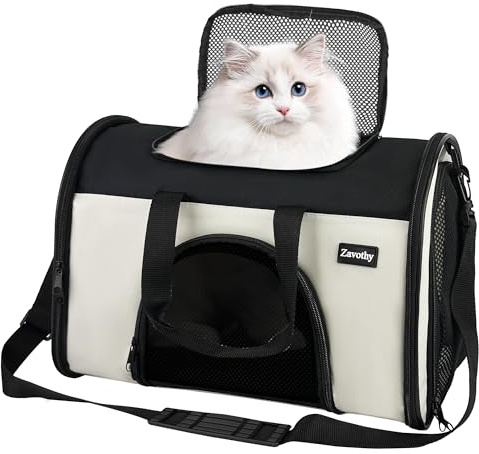 Zavothy Sac Transport Chat Chien, Sac Transport Respirant et Pliable, Caisse de Transport Chat avec Bandoulière Réglable, Matelas en Peluche Amovible, S, Beige